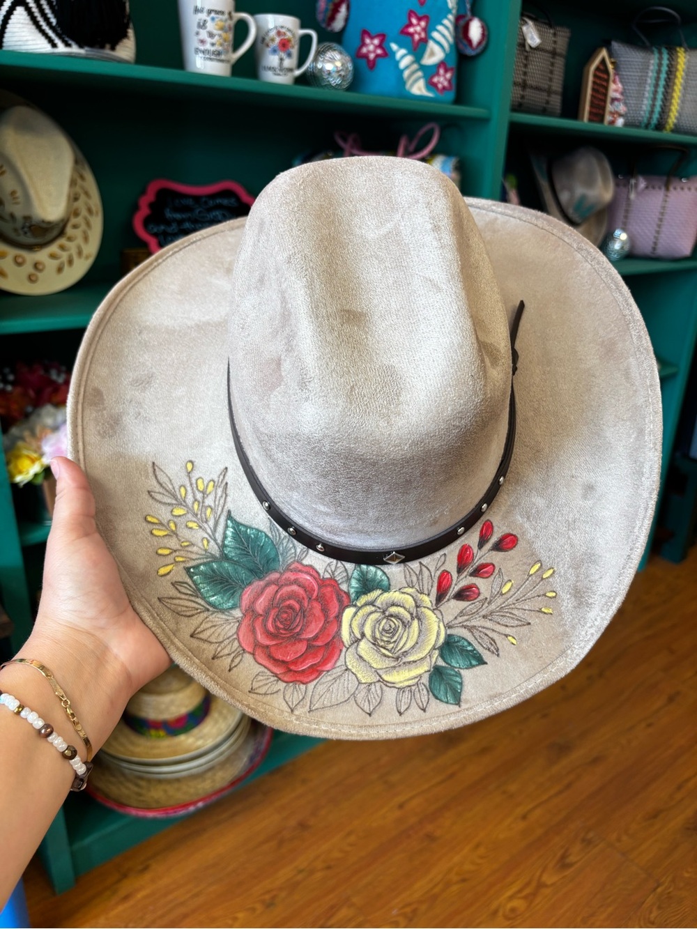Hand Crafted Painted Floral Cowboy Hat - Cream, Red, Yellow, Green